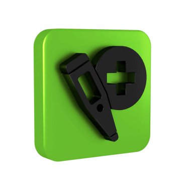 Tıbbi muayene ikonu için siyah medikal termometre şeffaf arka planda izole edildi. Yeşil kare düğmesi.