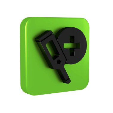 Tıbbi muayene ikonu için siyah medikal termometre şeffaf arka planda izole edildi. Yeşil kare düğmesi.