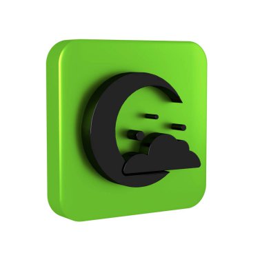 Kara Ay ve yıldızların simgesi şeffaf arkaplanda izole edildi. Bulutlu gece işareti. Uyku rüyalarının sembolü. Gece ya da yatak zamanı tabelası. Yeşil kare düğmesi.