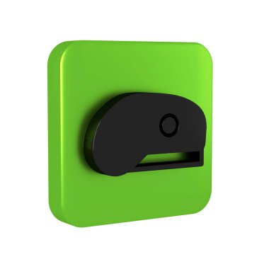 Şeffaf arka planda siyah askeri bere ikonu izole edildi. Asker şapkası. Ordu şapkası. Savaş şapkası. Yeşil kare düğmesi.