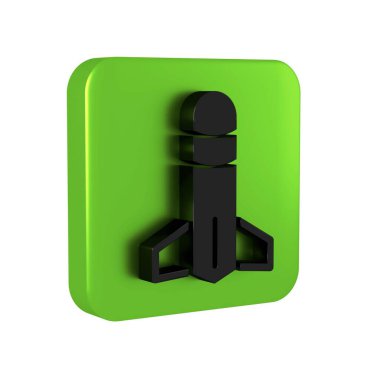 Siyah Roket simgesi şeffaf arkaplanda izole edildi. Yeşil kare düğmesi.