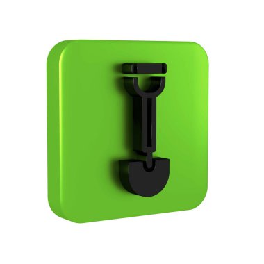 Siyah istihkam küreği, saydam arka planda izole edilmiş asker ikonu için. Yeşil kare düğmesi.