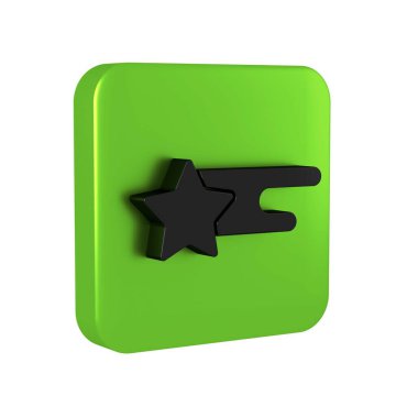 Siyah Kayan Yıldız simgesi şeffaf arkaplanda izole edildi. Yıldız izi ile kayan yıldız. Göktaşı, göktaşı, kuyruklu yıldız, asteroid, yıldız ikonu. Yeşil kare düğmesi.