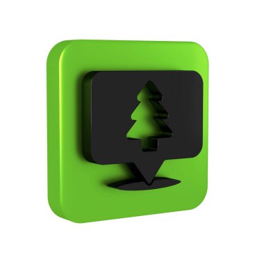 Ormanın, şeffaf arkaplanda izole edilmiş bir harita simgesi üzerindeki siyah konumu. Yeşil kare düğmesi.