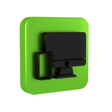 Siyah Bilgisayar monitörü ve cep telefonu simgesi şeffaf arkaplanda izole edildi. İnternetten kazanç, pazarlama. Yeşil kare düğmesi.