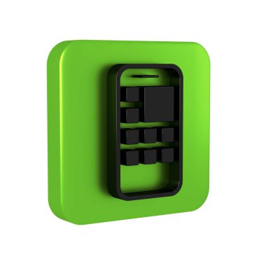 Siyah Mobil Uygulamalar simgesi şeffaf arkaplanda izole edildi. Ekran simgeli akıllı telefon, uygulamalar. Cep telefonu ekranı görünüyor. Yeşil kare düğmesi.