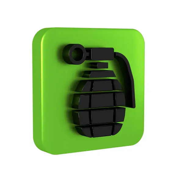 Black Hand grenade icon isolated on transparent background. Bomb explosion. Green square button.