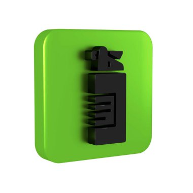 Siyah Silahlar yağ şişesi simgesi şeffaf arkaplanda izole edildi. Silah bakımı. Yeşil kare düğmesi..