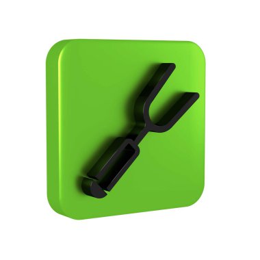 Şeffaf arkaplanda siyah barbekü çatal simgesi izole edildi. Mangal çatalı tabelası. Barbekü ve ızgara aleti. Yeşil kare düğmesi..