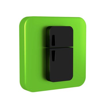 Siyah Buzdolabı simgesi şeffaf arkaplanda izole edildi. Buzdolabı buzdolabı. Ev aletleri ve aletler. Yeşil kare düğmesi..