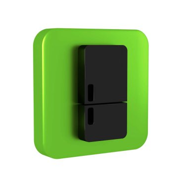 Siyah Buzdolabı simgesi şeffaf arkaplanda izole edildi. Buzdolabı buzdolabı. Ev aletleri ve aletler. Yeşil kare düğmesi..