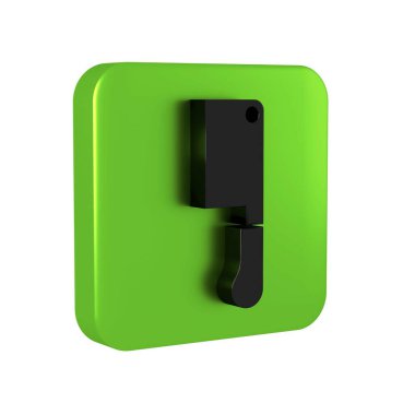 Siyah Et Helikopteri simgesi şeffaf arkaplanda izole edildi. Kasap bıçağı. Et için mutfak bıçağı. Kasap bıçağı. Yeşil kare düğmesi..