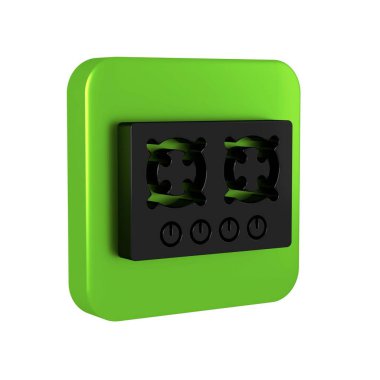 Siyah Gaz soba simgesi şeffaf arkaplanda izole edildi. Mutfak tabelaları. Dört daire ocağı olan bir hob. Yeşil kare düğmesi..