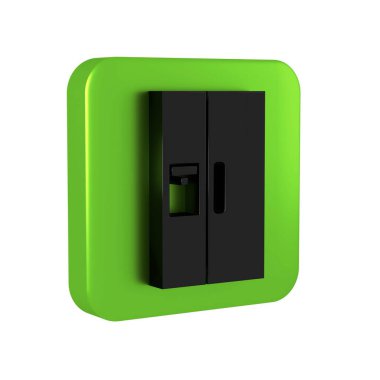 Siyah Buzdolabı simgesi şeffaf arkaplanda izole edildi. Buzdolabı buzdolabı. Ev aletleri ve aletler. Yeşil kare düğmesi..