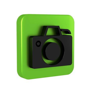 Şeffaf arkaplanda siyah fotoğraf makinesi simgesi izole edildi. Fotoğraf makinesi simgesi. Yeşil kare düğmesi..