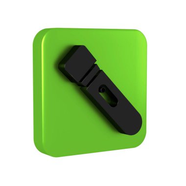 Şeffaf arkaplanda siyah el feneri simgesi izole edildi. Yeşil kare düğmesi..