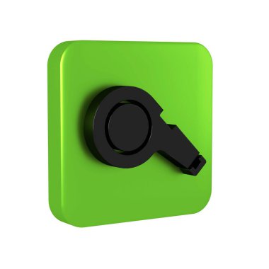 Siyah Düdük simgesi şeffaf arkaplanda izole edildi. Hakem sembolü. Spor ve spor burcu. Yeşil kare düğmesi..