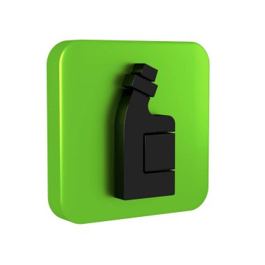 Çamaşır deterjanı, çamaşır suyu, bulaşık deterjanı ya da şeffaf arkaplanda izole edilmiş başka bir temizlik malzemesi için siyah plastik şişe. Yeşil kare düğmesi..