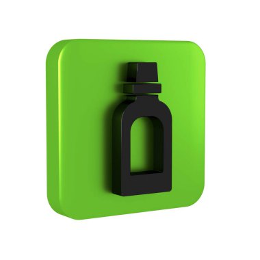 Çamaşır deterjanı, çamaşır suyu, bulaşık deterjanı ya da şeffaf arkaplanda izole edilmiş başka bir temizlik malzemesi için siyah plastik şişe. Yeşil kare düğmesi..