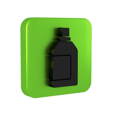 Çamaşır deterjanı, çamaşır suyu, bulaşık deterjanı ya da şeffaf arkaplanda izole edilmiş başka bir temizlik malzemesi için siyah plastik şişe. Yeşil kare düğmesi..