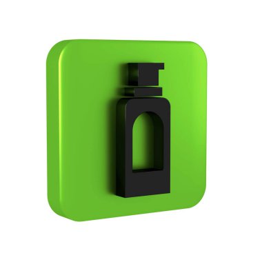 Saç spreyi için siyah sprey kutusu, deodorant, şeffaf arka planda izole edilmiş terleme önleyici ikon. Yeşil kare düğmesi..