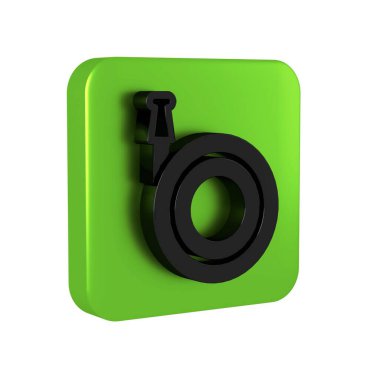 Siyah bahçe hortumu simgesi şeffaf arkaplanda izole edildi. Sprey tabanca ikonu. Su ekipmanları. Yeşil kare düğmesi..