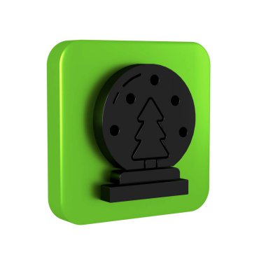 Kar yağan siyah Noel küresi ve şeffaf arkaplanda izole edilmiş Noel ağacı ikonu. Mutlu Noeller ve mutlu yıllar. Yeşil kare düğmesi..