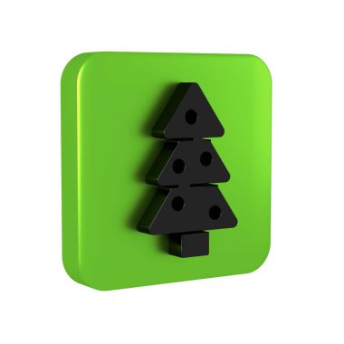 Şeffaf arkaplanda süsleme simgesi olan siyah Noel ağacı. Mutlu Noeller ve mutlu yıllar. Yeşil kare düğmesi..