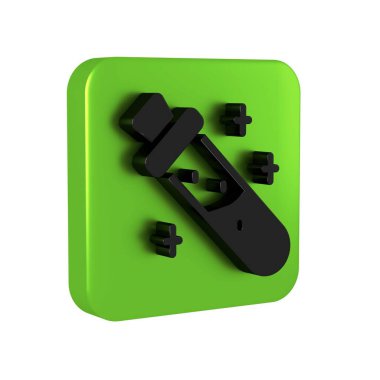 Şeffaf arkaplanda izole edilmiş iksir ikonu olan siyah şişe. Sihirli iksirli matara. Yeşil kare düğmesi..