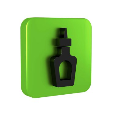 Şeffaf arkaplanda izole edilmiş siyah sos şişesi ikonu. Ketçap, hardal ve fast food için soslu mayonez şişeleri. Yeşil kare düğmesi..