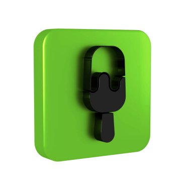 Şeffaf arkaplanda izole edilmiş çubuk ikonundaki siyah dondurma. Güzel sembol. Yeşil kare düğmesi..