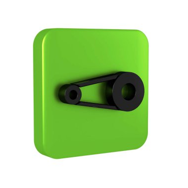 Şeffaf arka planda izole edilmiş çark simgesi olan siyah bisiklet zinciri. Bisiklet zinciri sıçrama iletimi. Yeşil kare düğmesi..