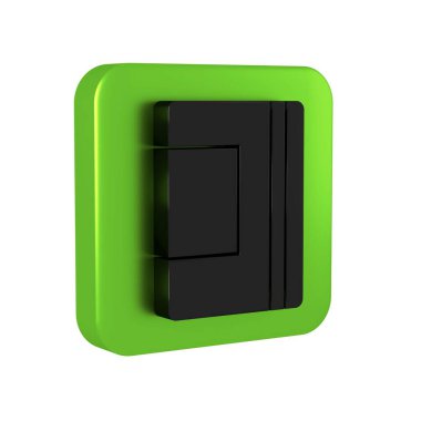 Siyah Not Defteri simgesi şeffaf arkaplanda izole edildi. Spiral not defteri simgesi. Okul defteri. Yazı tahtası. Okul günlüğü. Yeşil kare düğmesi..