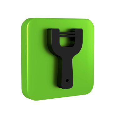 Şeffaf arkaplanda siyah sebze soyucu simgesi izole edildi. Sebze temizlemek için bıçak. Mutfak eşyası, alet edevat. Yeşil kare düğmesi. .