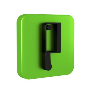 Siyah Et Helikopteri simgesi şeffaf arkaplanda izole edildi. Et için mutfak bıçağı. Kasap bıçağı. Yeşil kare düğmesi. .