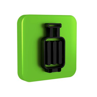 Seyahat simgesi için siyah bavul şeffaf arkaplanda izole edildi. Seyahat bagaj tabelası. Seyahat bagaj ikonu. Yeşil kare düğmesi. .