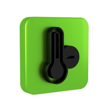 Siyah Meteoroloji termometresi, şeffaf arkaplanda izole edilmiş ikonu ölçüyor. Termometre termometresi sıcak ya da soğuk hava gösteriyor. Yeşil kare düğmesi. .