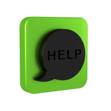 Metin içerikli siyah konuşma balonu şeffaf arkaplanda izole edilmiş yardım simgesi. Yeşil kare düğmesi. .