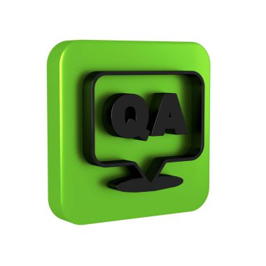 Şeffaf arkaplanda Soru ve Yanıt simgesine sahip siyah konuşma baloncukları. Q ve A sembolü. SSS işareti. Konuşma balonu ve çizelgesi. Yeşil kare düğmesi. .