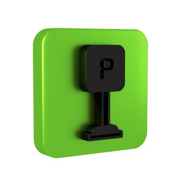 Siyah Park simgesi şeffaf arkaplanda izole edildi. Sokak tabelası. Yeşil kare düğmesi. .