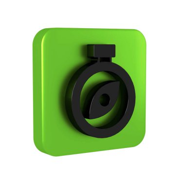 Siyah Pusula simgesi şeffaf arkaplanda izole edildi. Rüzgâr yön bulma sembolü. Rüzgar gül işareti. Yeşil kare düğmesi. .