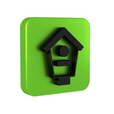 Siyah Kuş evi simgesi saydam arkaplanda izole edildi. Yuva kutusu kuş evi, kuşlar için ev yapımı bina. Yeşil kare düğmesi. .