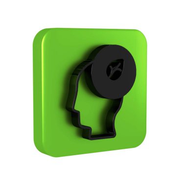 Şeffaf arkaplanda yaprak olan siyah insan kafası. Yeşil kare düğmesi. .