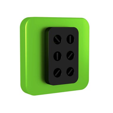 Siyah haplar, şeffaf bir arka planda izole edilmiş, kabarık bir ikon. İlaç paketi. Tablet, vitamin, antibiyotik, aspirin. Yeşil kare düğmesi..