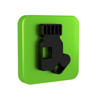 Siyah ilaç şişesi ve şeffaf arka planda izole edilmiş hap ikonu. Şişe hapı işareti. Eczane tasarımı. Yeşil kare düğmesi..