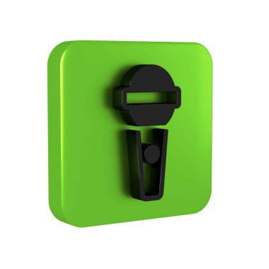 Şeffaf arkaplanda siyah mikrofon simgesi izole edildi. Radyodaki mikrofondan. Sözcü işareti. Yeşil kare düğmesi..