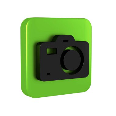 Şeffaf arkaplanda siyah fotoğraf makinesi simgesi izole edildi. Foto kamera. Dijital fotoğrafçılık. Yeşil kare düğmesi..