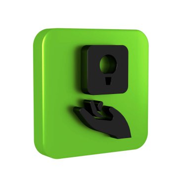 Fikir simgesi kavramına sahip siyah ampul şeffaf arkaplanda izole edilmiş. Enerji ve fikir sembolü. İlham konsepti. Yeşil kare düğmesi..