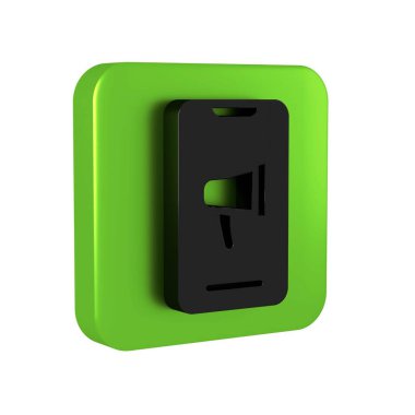 Siyah Protesto simgesi şeffaf arkaplanda izole edildi. Toplantı, protestocu, grev, konuşma, pankart, protesto pankartı. Yeşil kare düğmesi..