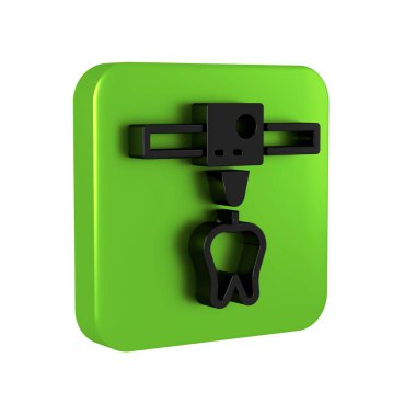 Şeffaf arkaplanda siyah 3D yazıcı dişi simgesi izole edildi. 3D baskı. Yeşil kare düğmesi..